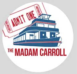 Admit One ticket sticker with an illustration of The Madam Carroll